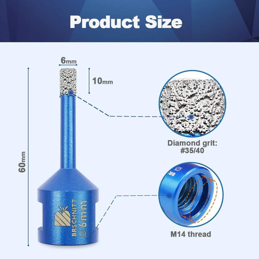 BRSCHNITT M14 Tile Drill Bit Diamond Drill Bit 6 Mm, 10 Pieces M14 Diamond Drill Bit for Porcelain Ceramic Tiles Marble Granite Stone image number 2