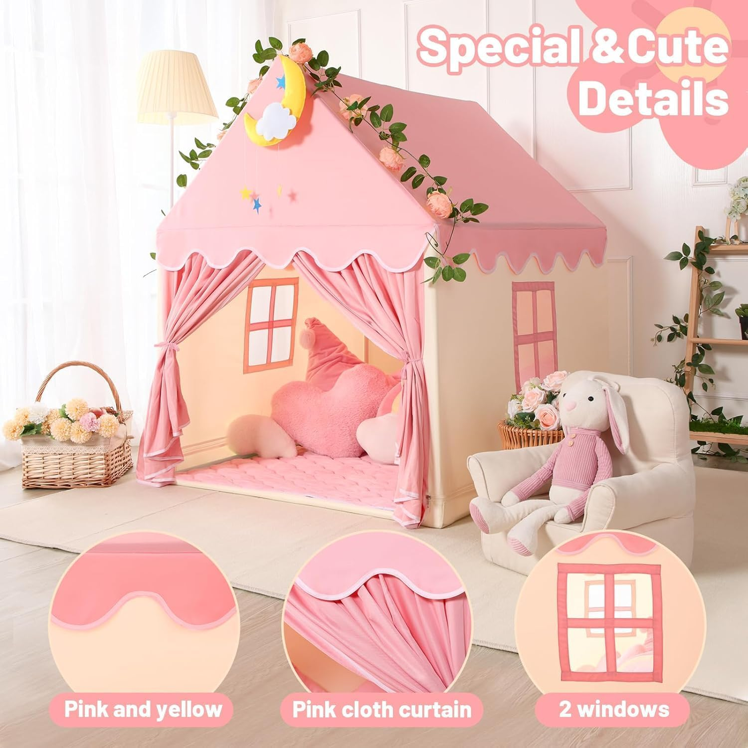 Kid Tent with Lights, Princess Tents for Girls Toy House Toddlers Kids Play Tent Large Indoor Playhouse with Windows and Roll up Door Pink Princess Castle Play Tents Girls & Boys Toy Gifts image number 4