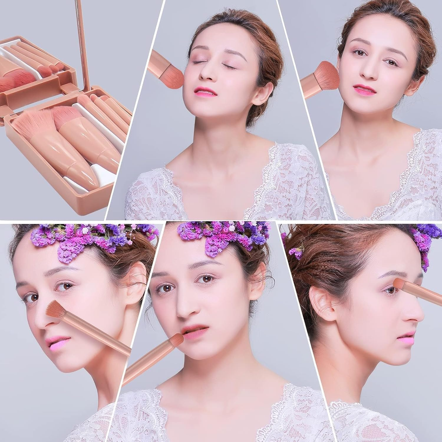 FOTRSDKU Travel Size Makeup Brushes Set with Case and Built-In Mirror, 5-Piece Portable Cosmetic Brush Kit for Women, Girls, and Teens &ndash; Ideal for On-The-Go and Travel Essentials image number 6