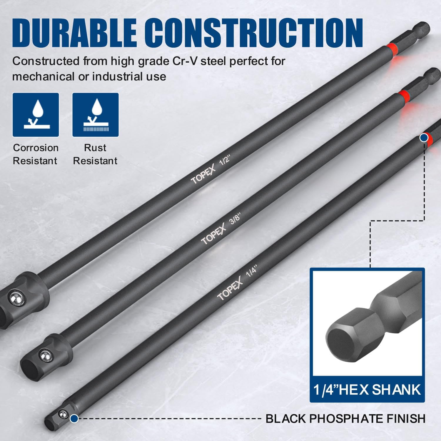 TOPEX 13-Piece Impact Drill Socket Adapter Set and Universal Joints Socket Set, 1/4" 3/8" & 1/2" Driver Socket Adapter with 105&deg; Angle Screwdriver Drill Bit, Power Drill Impact Grade Socket Extensions image number 6