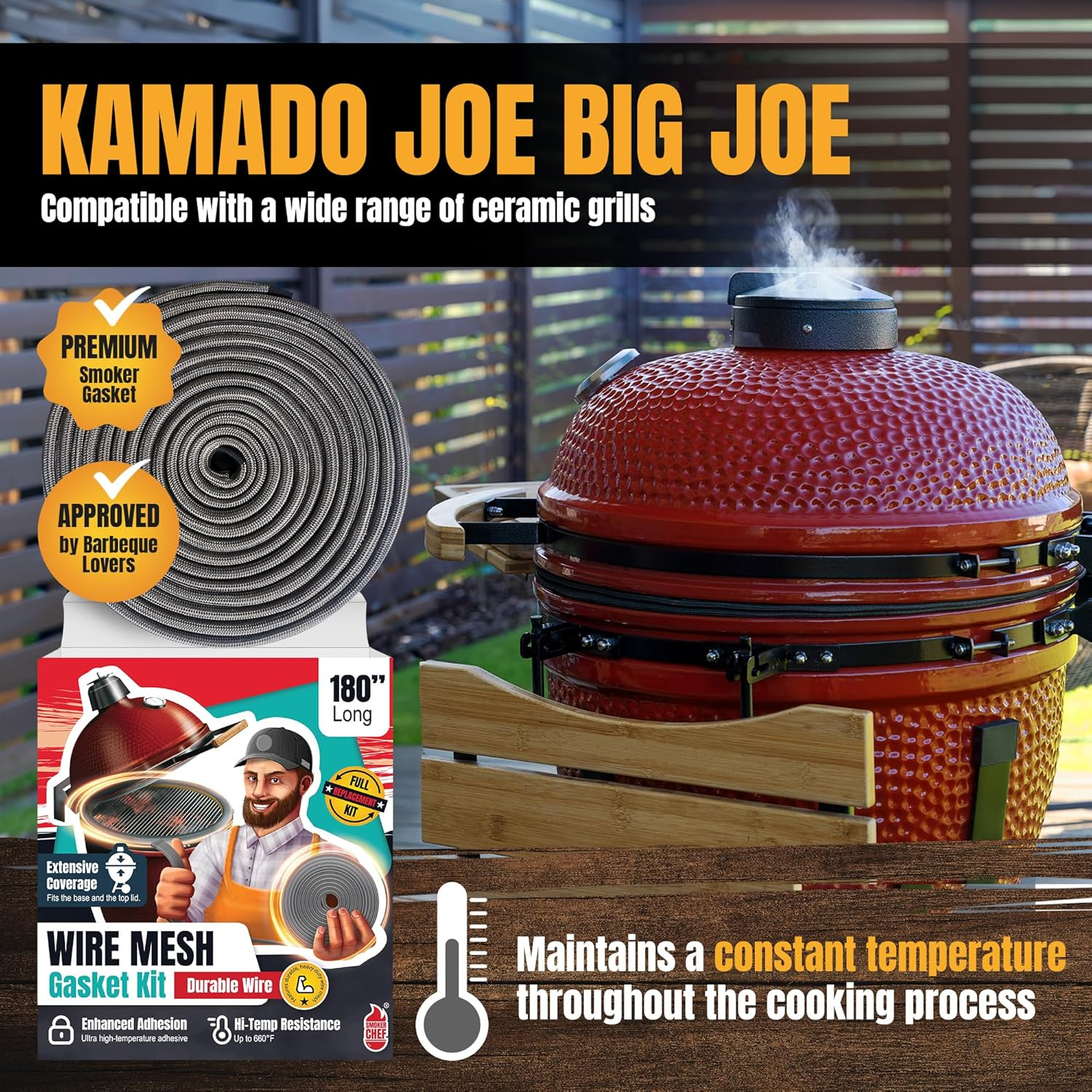 Wire Mesh Gasket Compatible with Kamado Joe - 180" Fiberglass Kamado Joe Gasket Replacement Kit - Fit for Big Green Egg - Kamado Joe Accessories & Replacement Parts - Smoker Gasket Seal by Smoker Chef image number 4