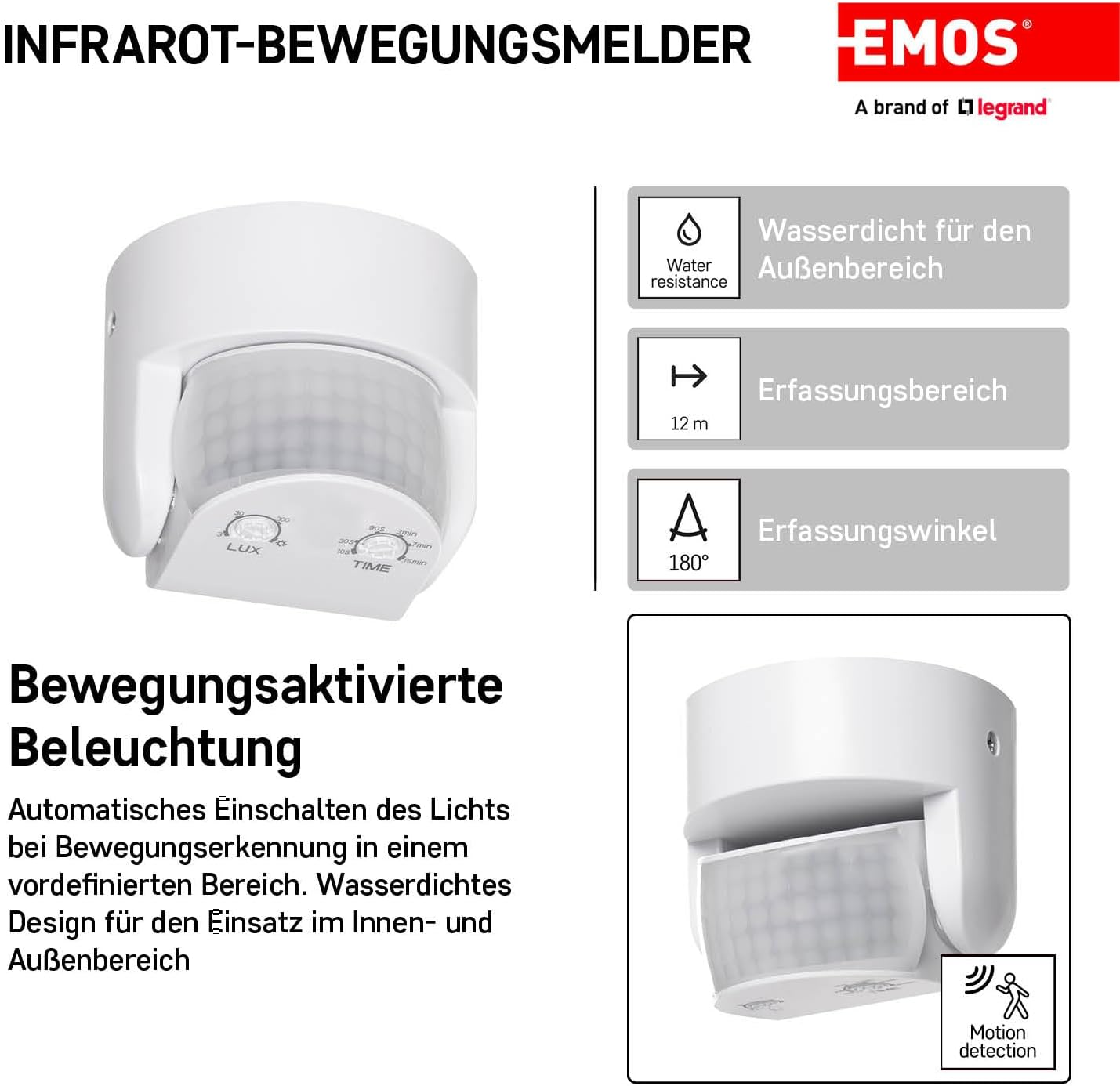 EMOS G1240 Infrared Motion Detector Waterproof-Range 12 M-Sensitivity 3-2000 Lux-Detection Angle 180&deg; -Switching Time 10 Sec to 15 Min-230 V for Surface Mounting-For Indoor and Outdoor Use-White image number 2