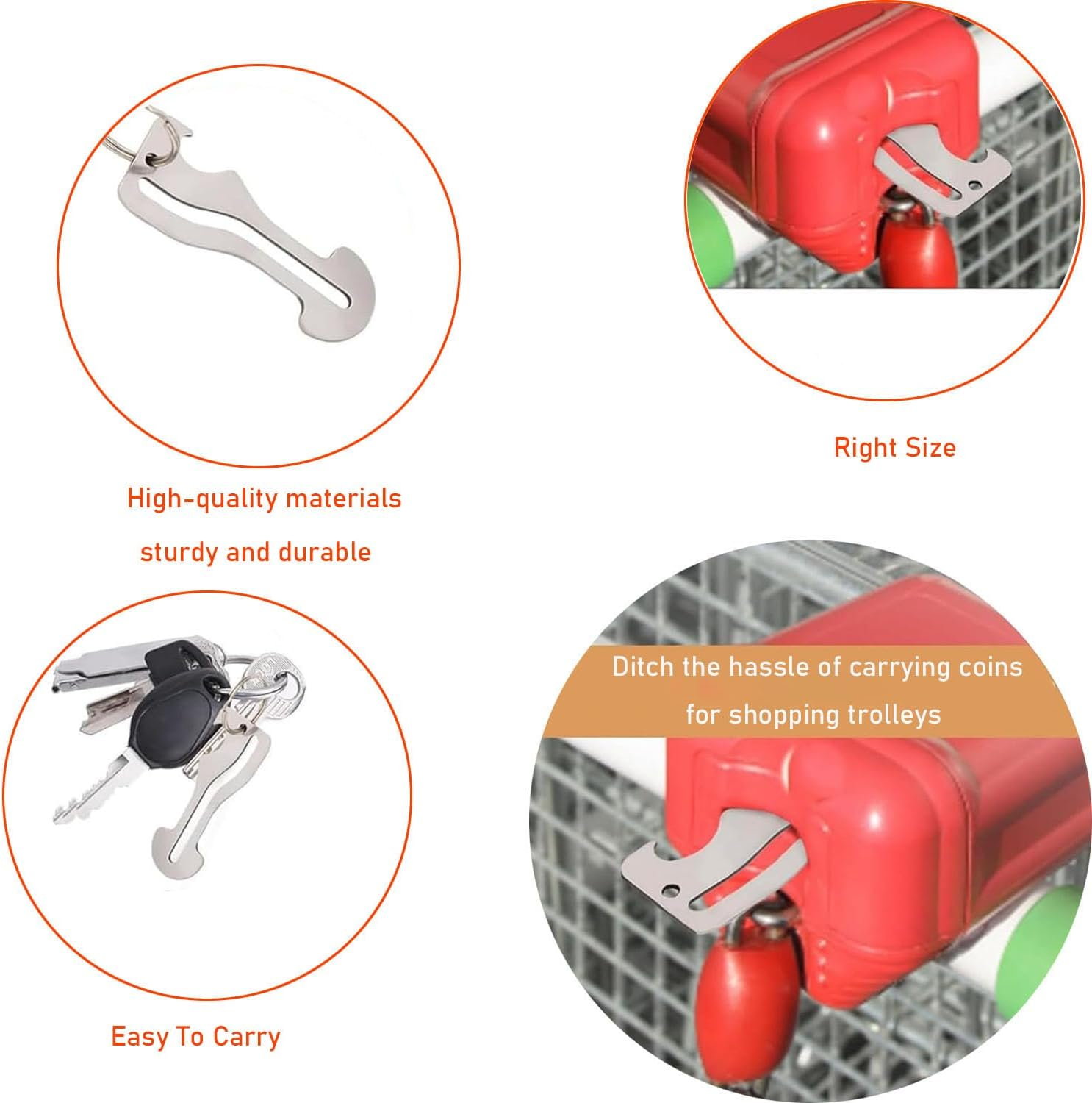 SILHOL 5 Pieces Stainless Steel Trolley Keys, Coinless Shopping Cart Unlocker with Keyring image number 2