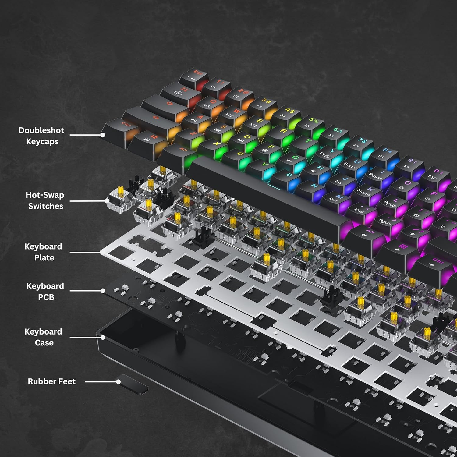 HK GAMING GK61 60% V3 | Hotswap Mechanical Gaming Keyboard | 61 Keys Multi Color RGB LED Backlit for Pc/Mac Gamer | US Layout (Black, Mechanical Speed Yellow) image number 3