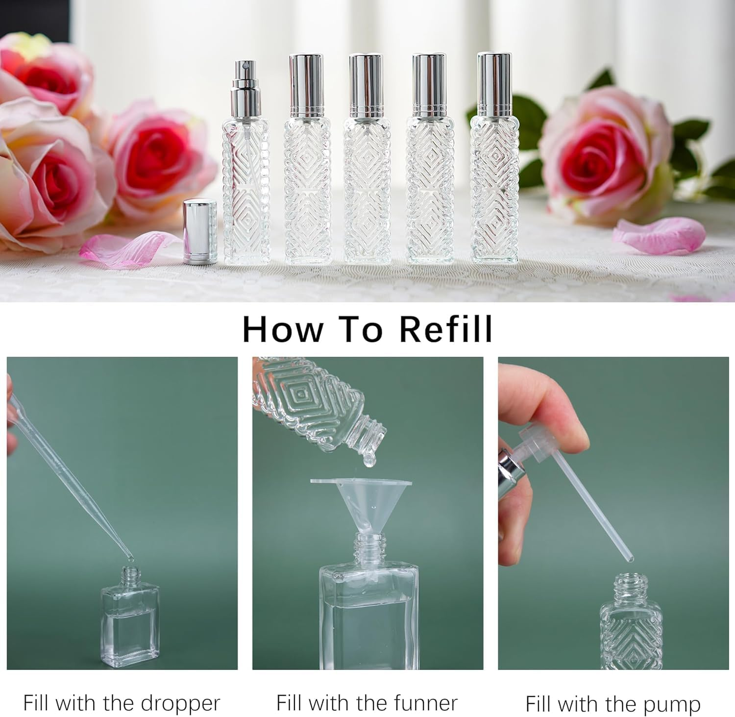 HDCRYSTALGIFTS Pack of 12 Clear Glass Atomizer Spray Bottles 10Ml Empty Refillable for Perfume Essential Oil Packed with Funnels Pipette Dispenser image number 6