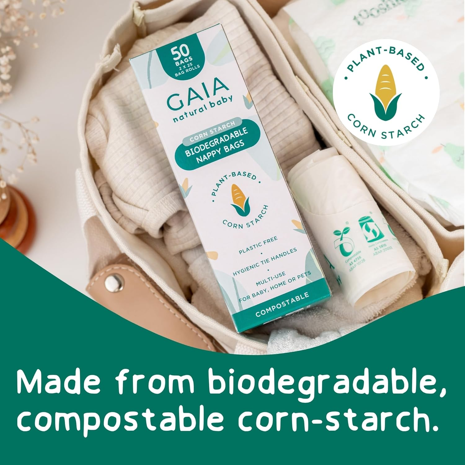 GAIA Natural Baby Biodegradable Nappy Bags | Plastic Free Cornstarch Bags | Easy‑Tie Handles | Hygienic Nappy Disposal | Eco‑Friendly & Compostable | Australian Brand | 50Pk image number 3