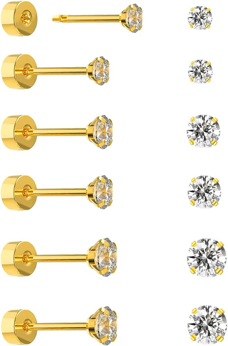 5-6 Pairs Push-In Flat Back Stud Earrings Hypoallergenic Surgical Stainless Steel Cubic Zirconia Earrings Studs Set Multi-Pack, CZ Stud Earrings for Women Men Trendy Cartilage Stud Earrings 2-8Mm