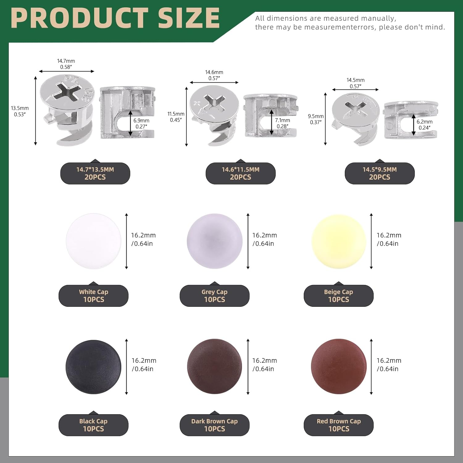 Keadic 120Pcs Furniture Connecting Cam Lock Fittings Assortment Kit with Plastic Screw Cover Caps, Joint Connector Nut Cabinet Connectors Hardware Bolts for Wardrobe Drawer Closets Bed