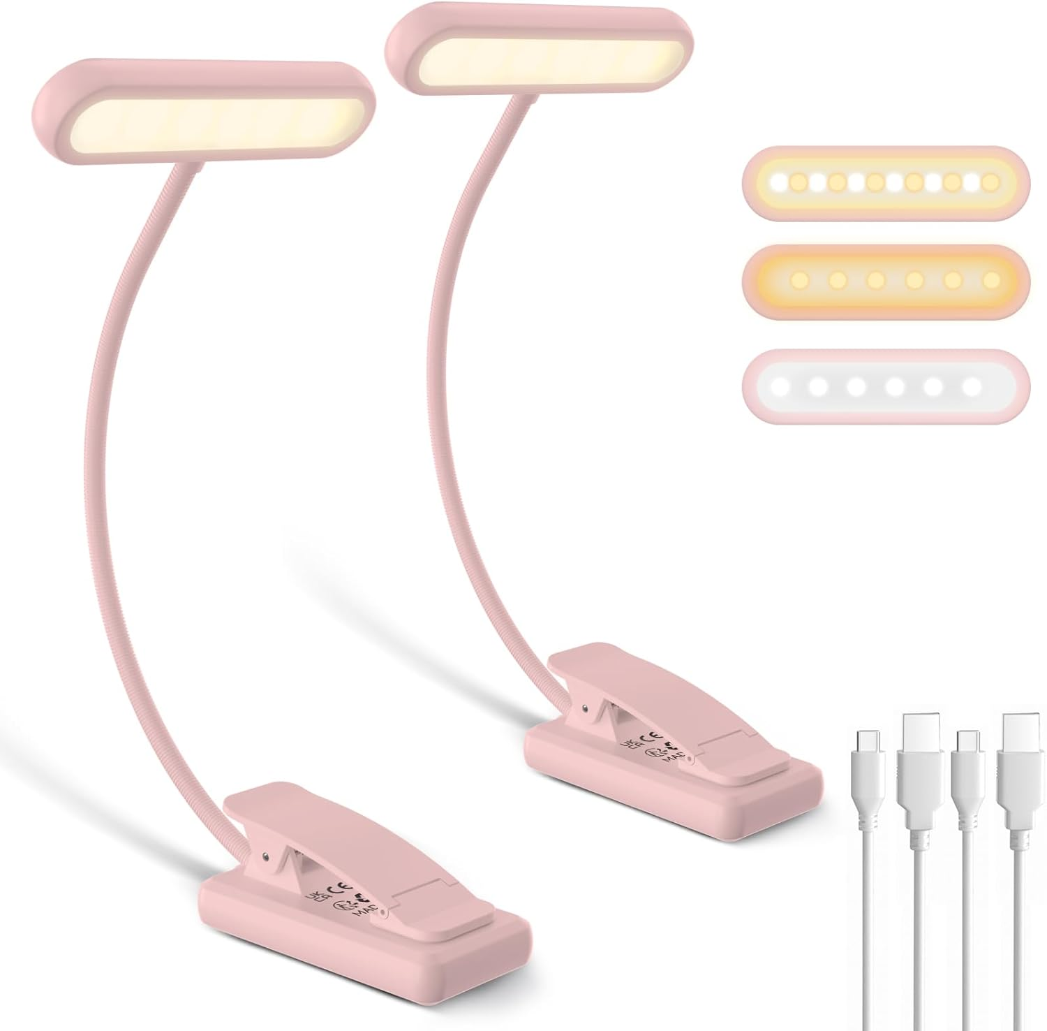 Book Light, [Adapter Included] Rechargeable Book Lights for Reading at Night in Bed with 3 Color & 10 Brightness Dimmable, Flexible Gooseneck Small Clip on Reading Light for Kids - 2 Pack/White
