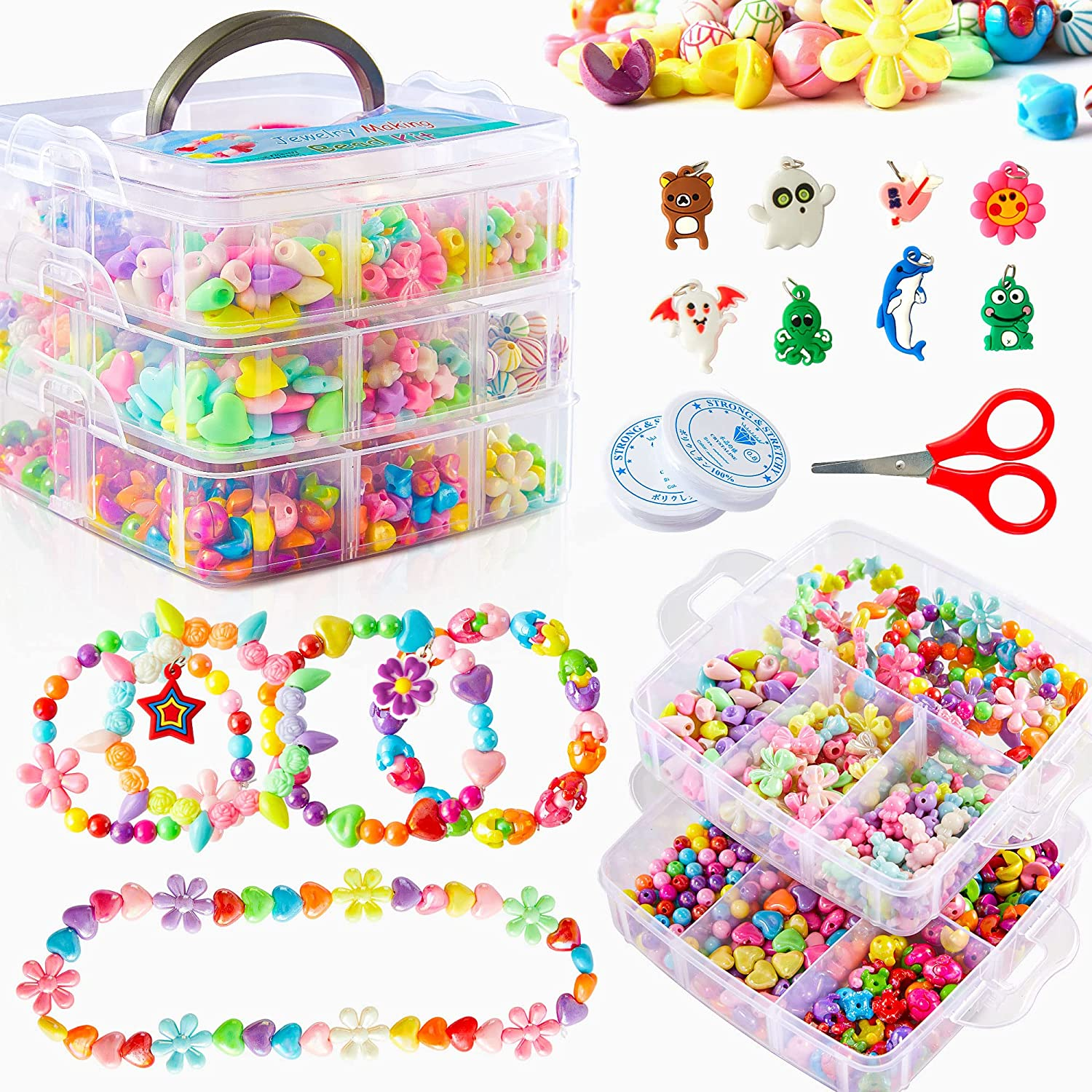 Beads for Kids Crafts, 1100 Jewelry Making Bead Kit Includes Scissor, String, Instruction and Accessories for Bracelet Making, Toys for Girls by Inscraft image number 5