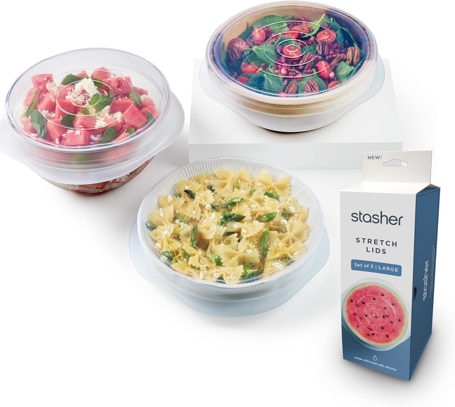 Stasher Premium Reusable Silicone Stretch Lids 3-Pack Box - Large, Clear, 9&rdquo; Lids, Airtight Seal, Food Container Covers, BPA Free, Leak-Free, Dishwasher Safe, Microwave Safe, Eco-Friendly