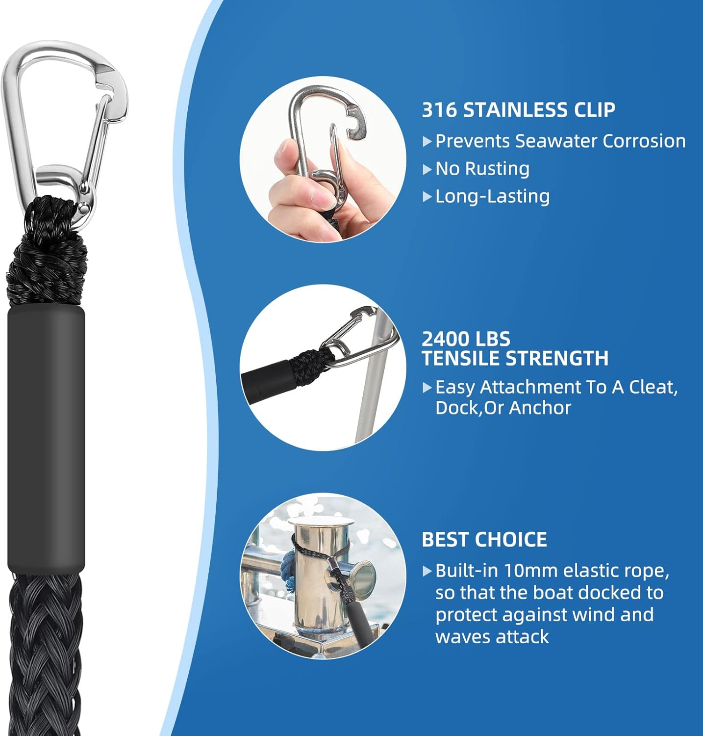 4 Pack Bungee Boat Dock Lines Mooring Rope Bungee Shock Cords Docking Rope Clip for Pwc,Jet Ski,Pontoon,Kayak,Canoe,Power Boat,Watercraft 4 Feet - Black image number 2