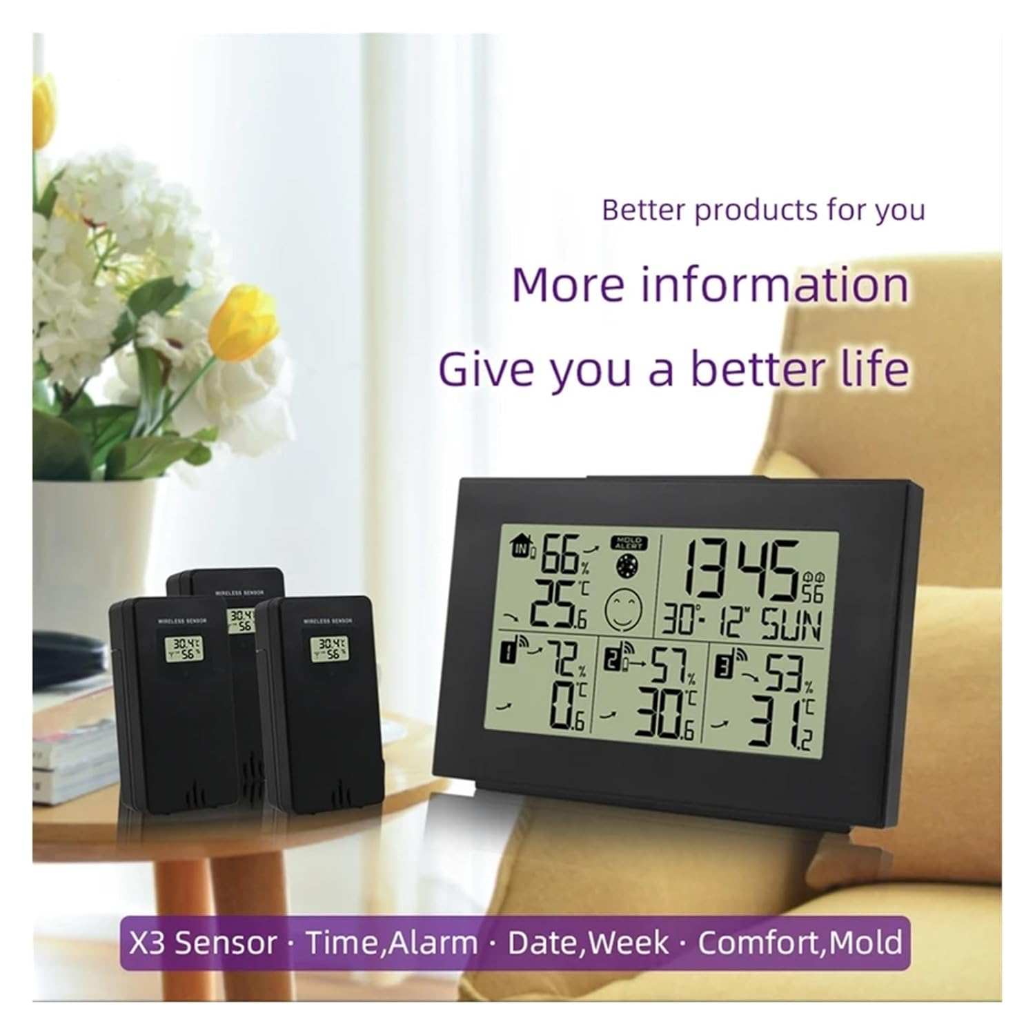 Dual Alarm Clock Weather Station Indoor/Outdoor Digital LCD Thermometer Hygrometer Trend Alert 3 Wireless Sensors image number 4