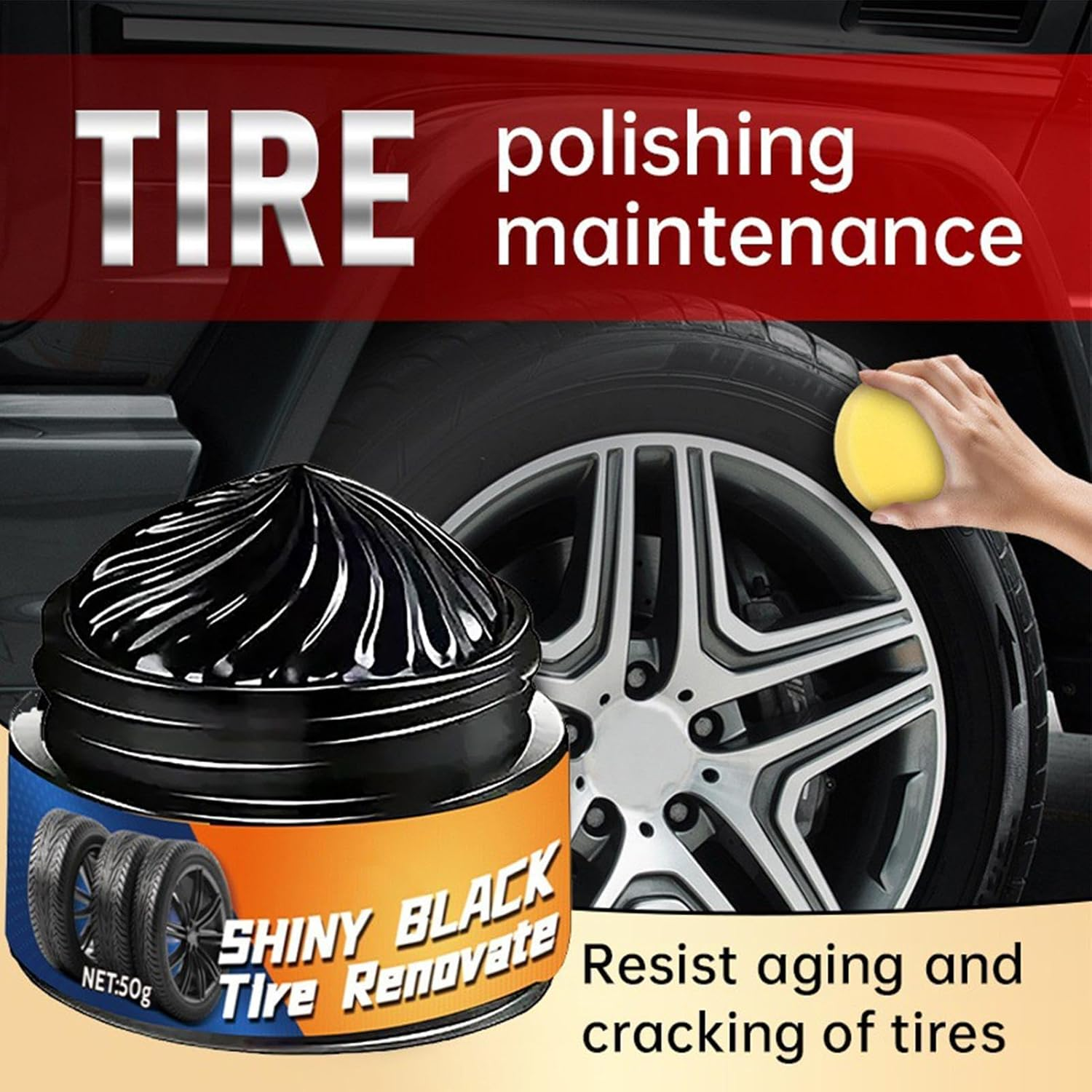 JIEBWCHA Car Tire Shine - Tyre Dressing Rim Care Wax | 50G Sponge Included Automotive Maintenance Restorer for Caravan Truck Garage Commuting Road Trip Minivan image number 4