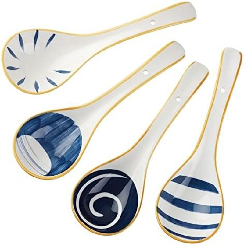 Ceramic Ladle Spoon Set of 4 Long Handle Soup Ladle with Holes Gravy Sauce Ladles Kitchen Cooking Ladles for Cooking Serving (Style 2) image number 1