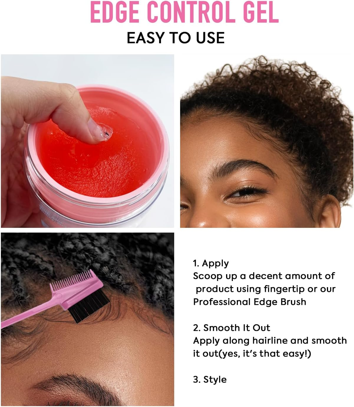 Immetee Edge Control Gel with Brush, Hair Styling Gel Flyaway Hair Tamer, Edge Control Gel for Afro Hair,100G/3.52 Oz (Pink-Watermelon) image number 6