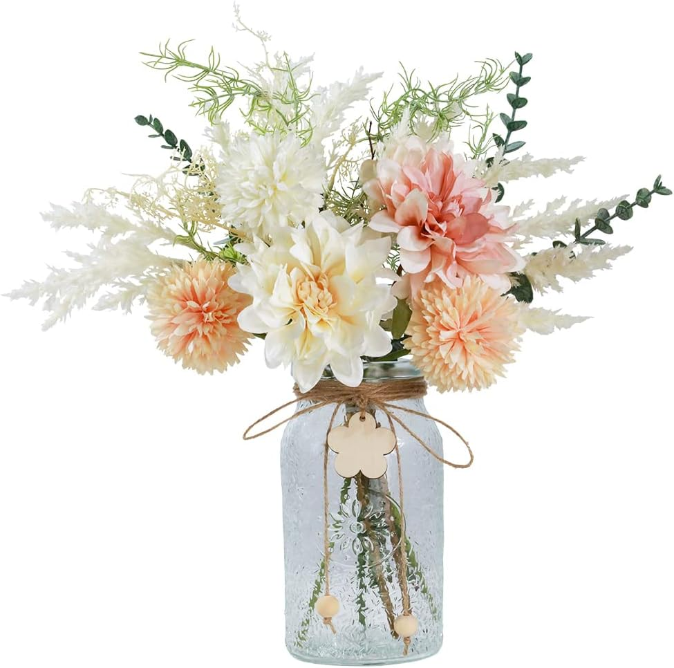 JARELING Silk Flowers in Vase, Artificial Flowers Arrangement with Glass Vase Faux Dahlia for Decoration Table Centerpiece (Dahlia)