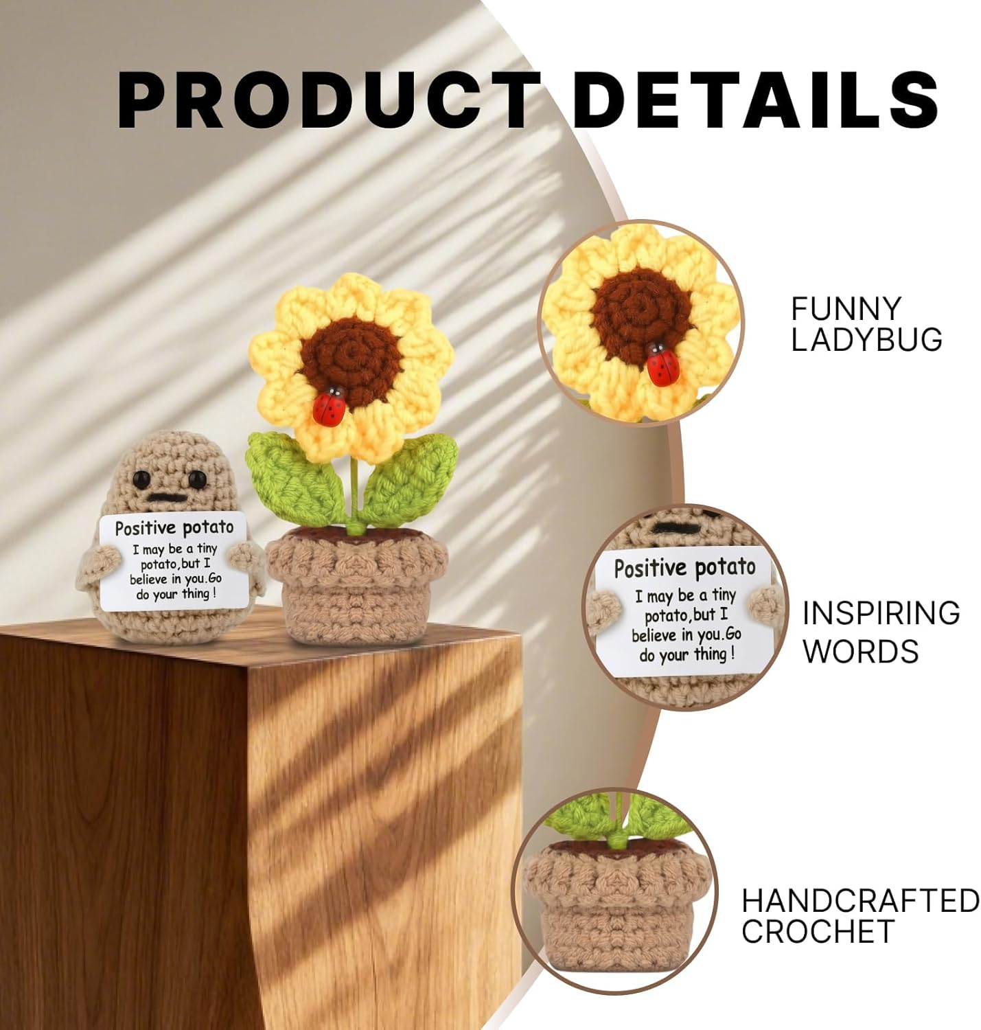 Positive Mini Potato Funny Gifts, 2PCS Emotional Support Sunflower Pot Desk Decoration, Crochet Birthday Gifts for Women, Best Friend, Unique Her, Positivity-Inspired Decor image number 2