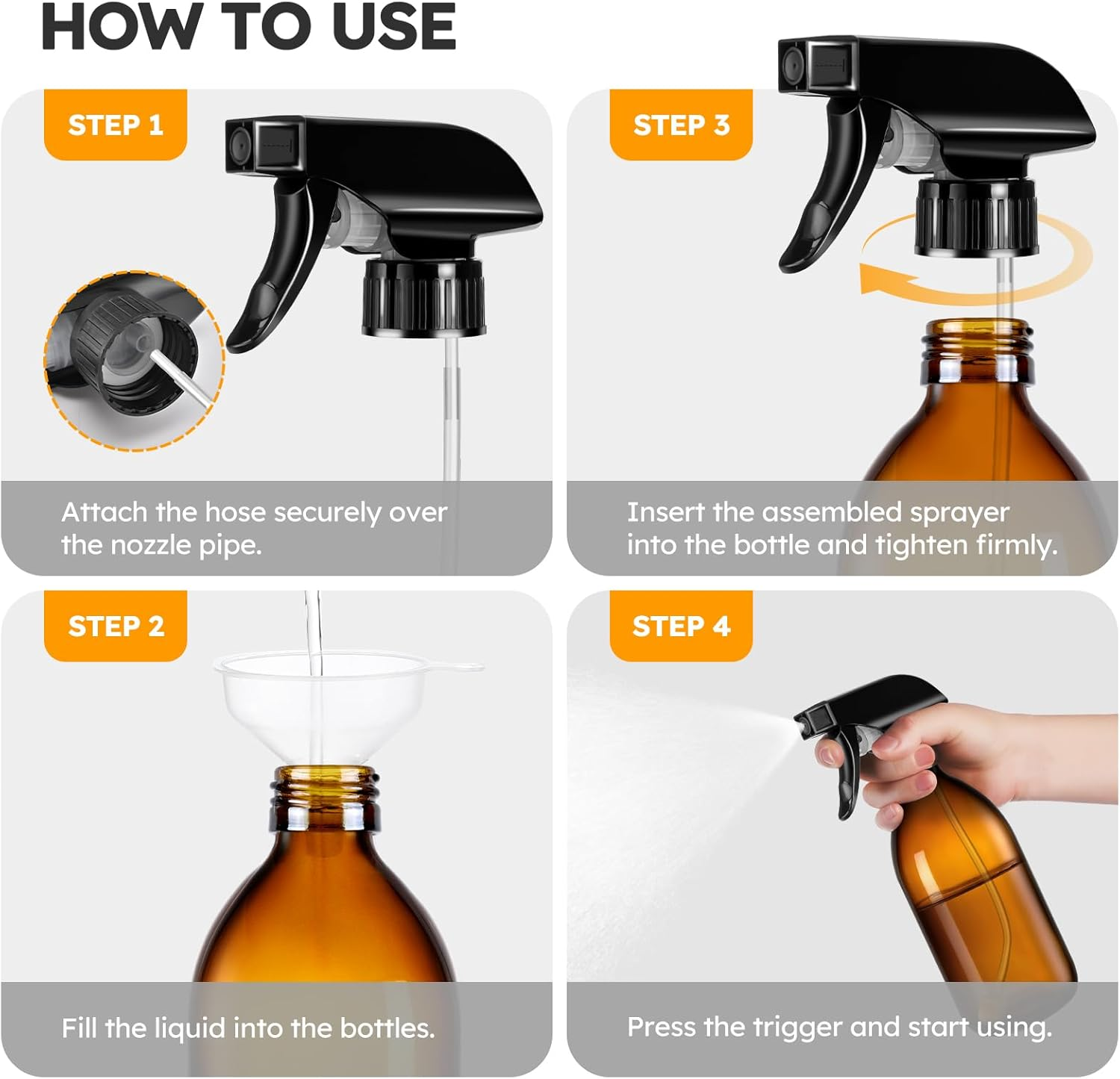 Tecohouse 2 Pack Amber 360&deg; Glass Spray Bottles Clear, 16 Oz Empty Refillable Containers with Adjustable Spray Nozzles, Spray Bottles for Cleaning Solutions and Plants image number 1