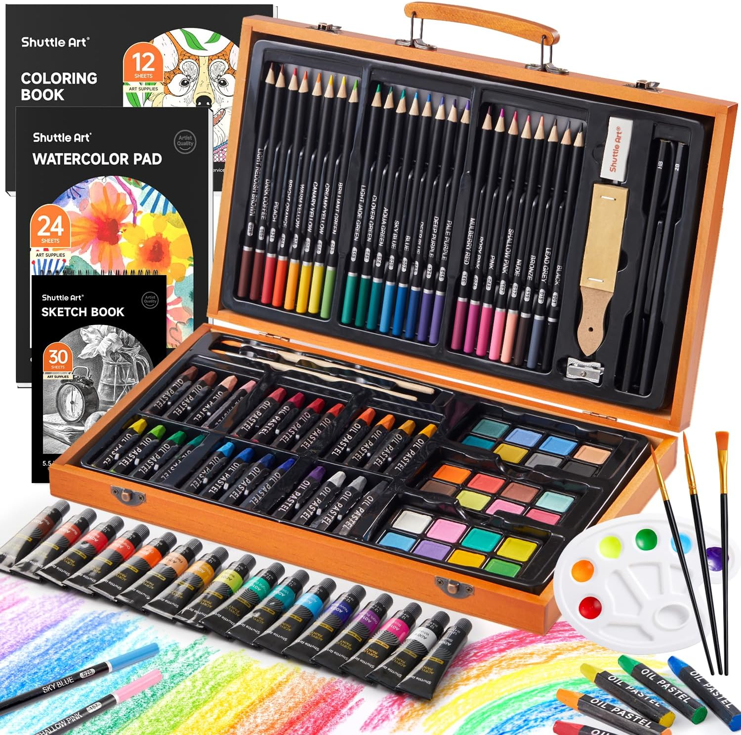 118 Piece Deluxe Art Set, Shuttle Art Art Supplies in Wooden Case, Painting Drawing Art Kit with Acrylic Paint Pencils Oil Pastels Watercolor Cakes Coloring Book Watercolor Sketch Pad for Kids Adults image number 4