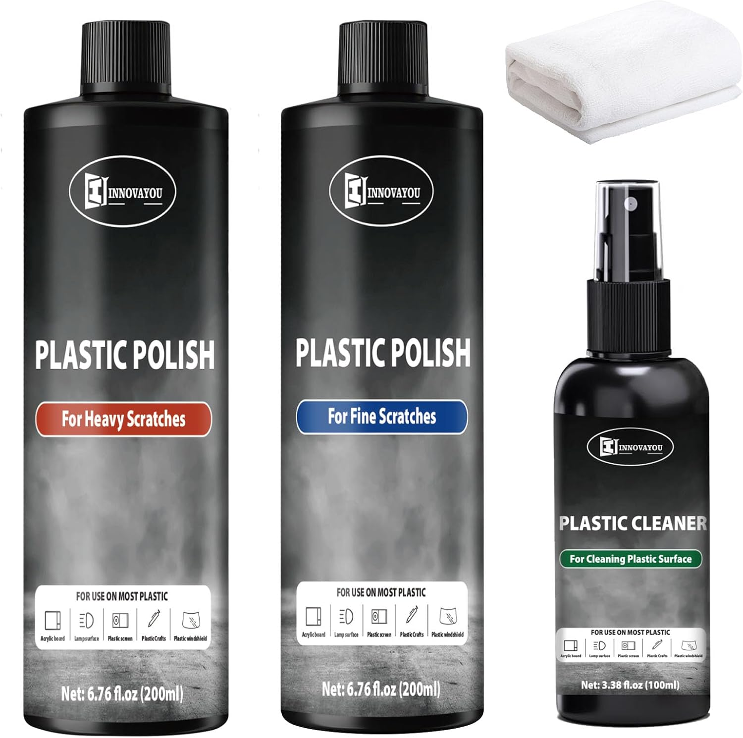 INNOVAYOU Plastic Polish Kit, Plastic Scratch Remover 14.1Oz and Cleaner 3.52Oz, Plastic Cleaner and Polish Removes Scratches & Scuffs, Ultra Fine Scratch Remover for Acrylic Surfaces