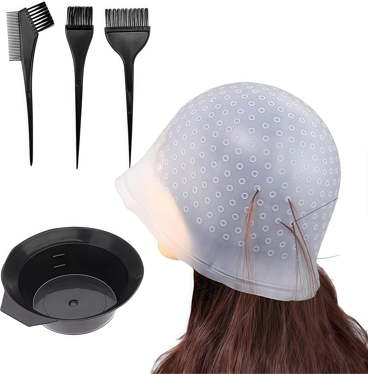 Aknebriax 6Pcs Hair Coloring Kit,Hair Coloring Highlighting Cap,Silicone Pull through Caps Hair Coloring Frosting Cap with Hook, Hair Agitator, Brush, Hair Tinting Bowl. image number 2