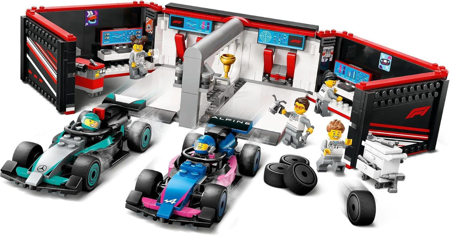 LEGO City F1 Garage & Mercedes-Amg & Alpine Cars Building Set with Formula 1 Racing Cars for 7+ Year Old Boys & Girls, Vehicle Model Construction Kit with Kids Toy Garage and 6 Minifigures 60444