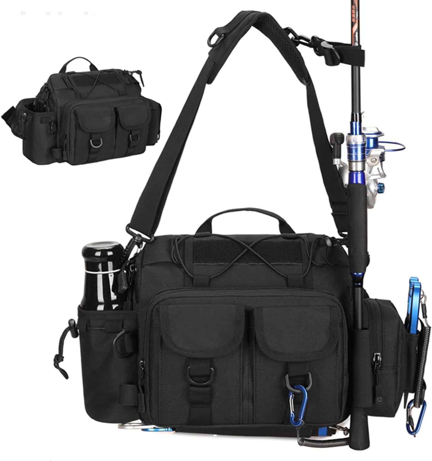 Fishing Tackle Bag Crossbody Sling Bag Fly Fishing Gear Organizer Pack for Fishing Hiking Camping Hunting Waist Bag for Men 1000D Nylon Waterproof (Black) image number 1