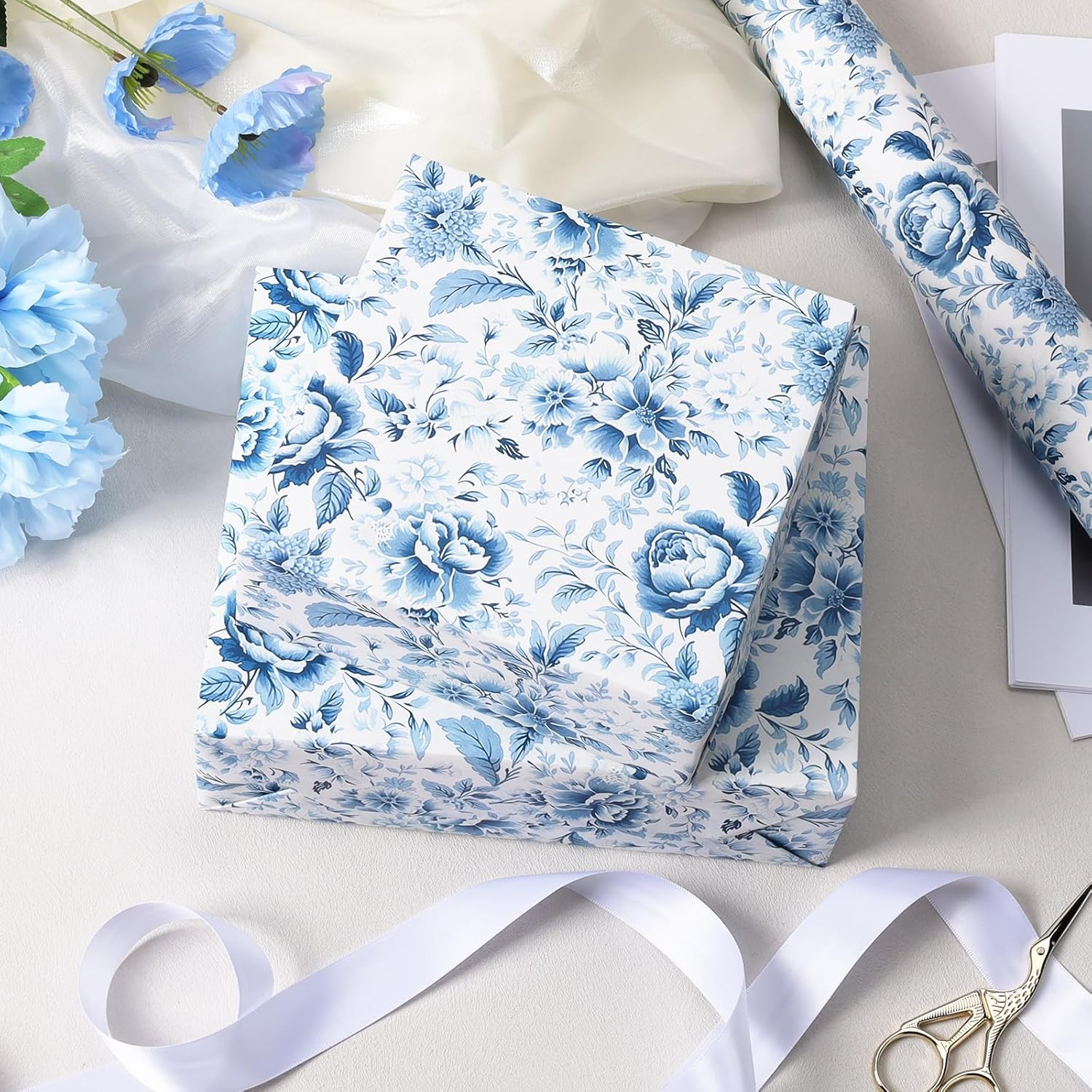WRAPLA Floral Wrapping Paper Roll - 43Cmx10M Blue White Flowers Design Chinoiserie Gift Wrap Stone Paper for Wedding, Bridal Shower, Mothers Day(17In X 33Ft) - Pink Watercolor Rose image number 5
