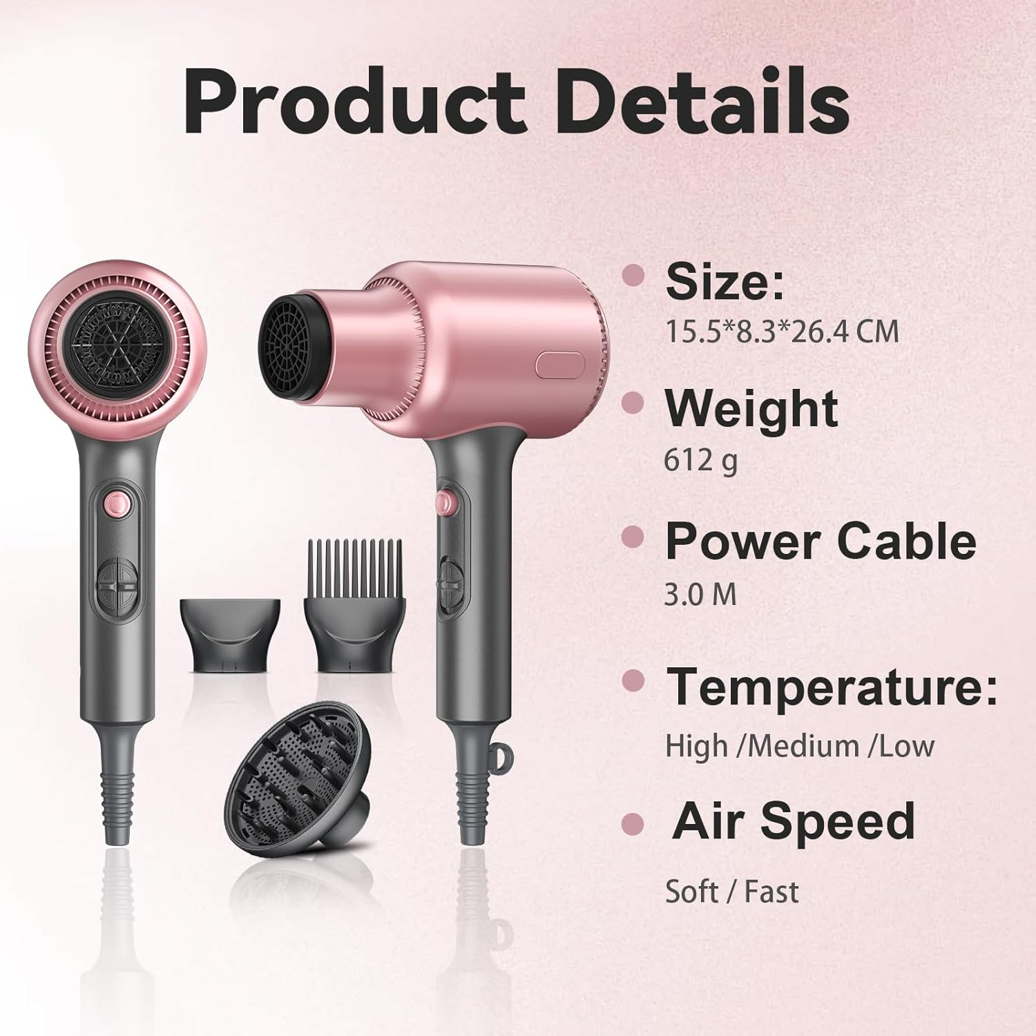 NEWSEE 2400W Professional Hair Dryer, AU Plug Blown Away Ionic Hair Dryer for Curly Hair with Diffuser, Powerful Fast Drying Blow Dryer, Heat Hot and Cold Wind Constant Temperature Hair Care, 3 Attachments for All Hair Types, Light and Quiet, Rose Gold