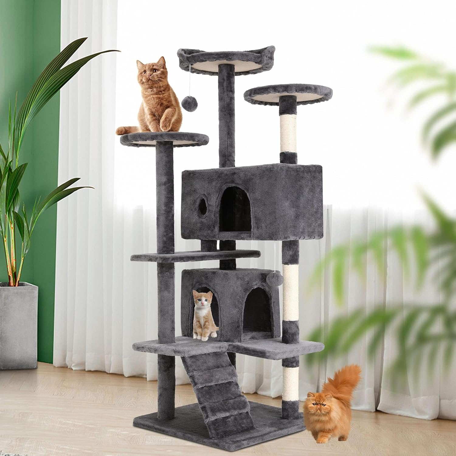 ZERIFAM 130Cm Cat Tree, Large Cat Tower Condo for Indoor Cats with Sisal Scratching Post, Soft Plush Multi-Level Climbing Tree Cat House with Climbing Ladder and Pompoms image number 3