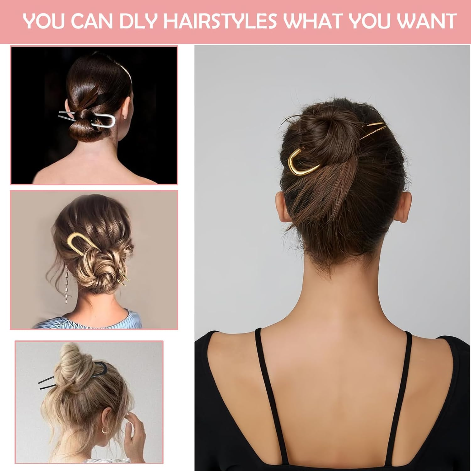 U Shape Hair Fork, 6 Pieces, Gold, Silver, Black, Elegant U Shape Hair Clips for Updo image number 6