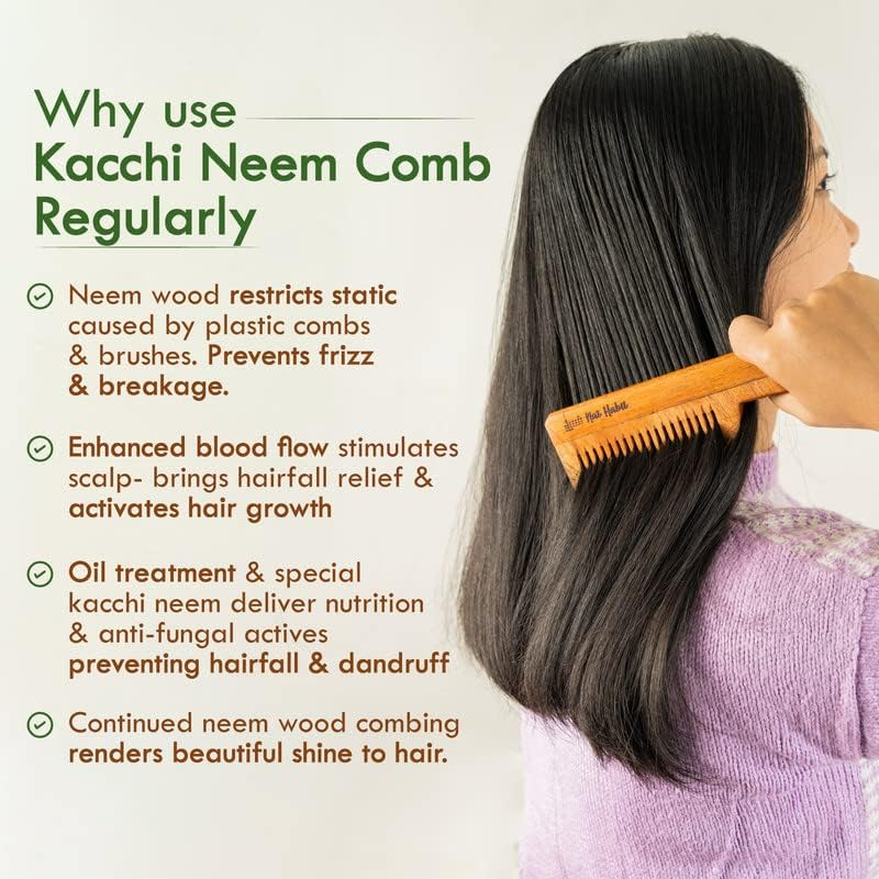 Nat Habit Kacchi Neem Wooden Comb - Soaked in 17 Herbs, Neem & Sesame Oil for Multi-Actions - Detangling, Frizz Control & Shine, Suited for All Hair Types (Fine Tooth) image number 4