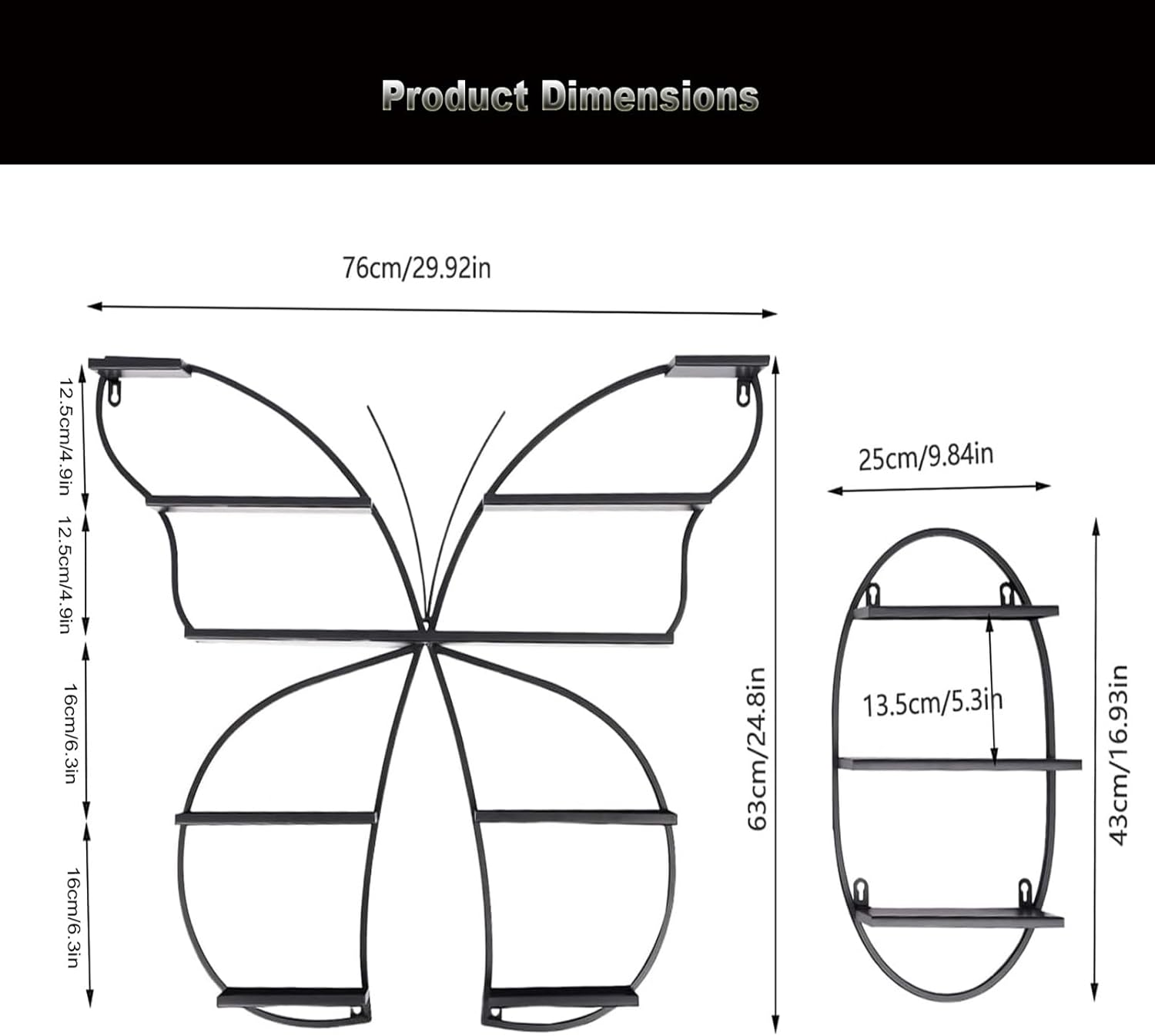 Wall Mounted Nail Polish Storage Rack,Set of 5 Butterfly Nail Polish Shelf for Wall,Metal Cosmetic Display Shelves for Home Spa Salon Shop(Black) - Black image number 1