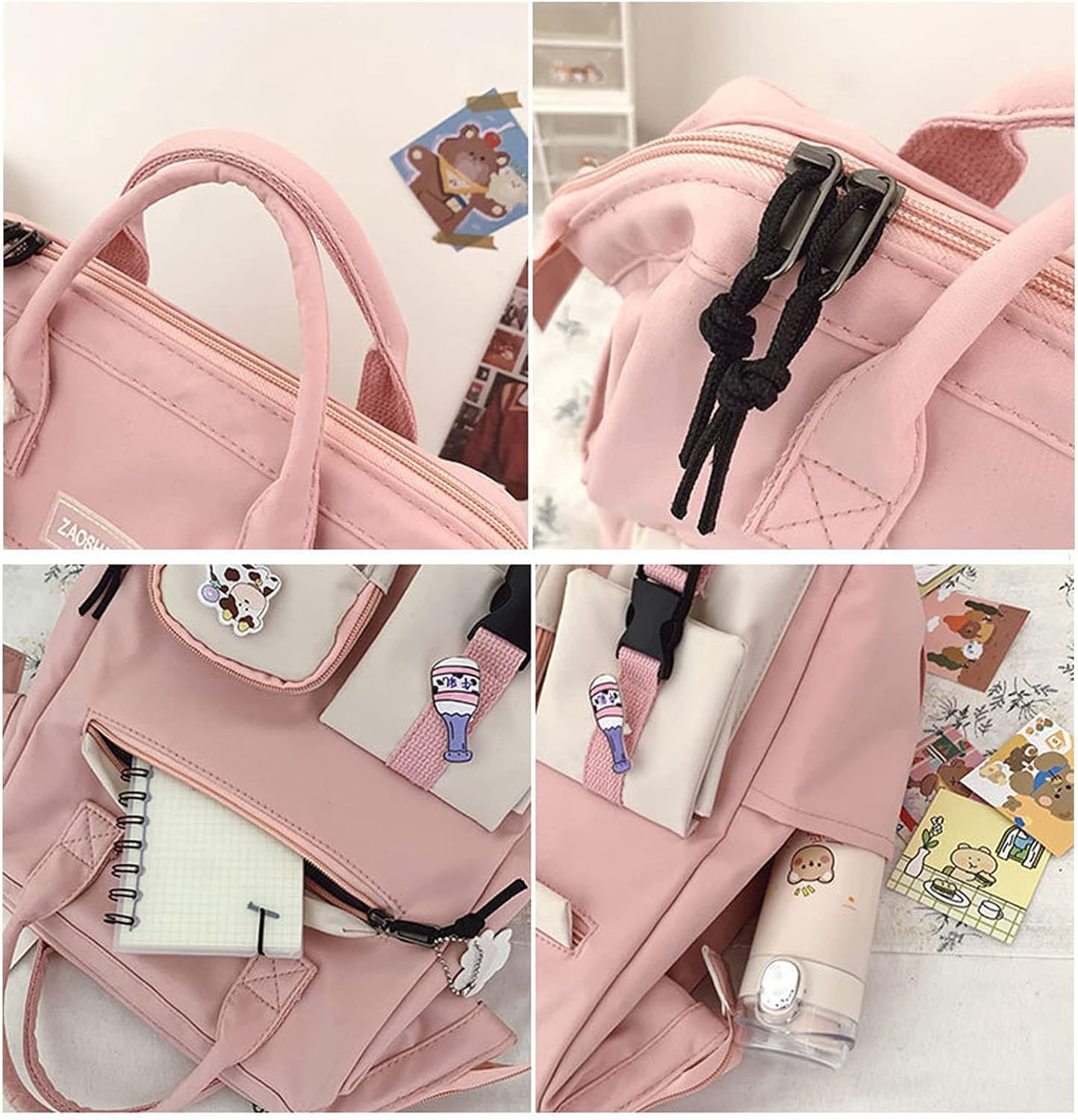 Eagerrich Cute Backpack with Cute Pin Accessories Plush Pendant for School Bag Student Girl Backpack - Black 1 image number 5