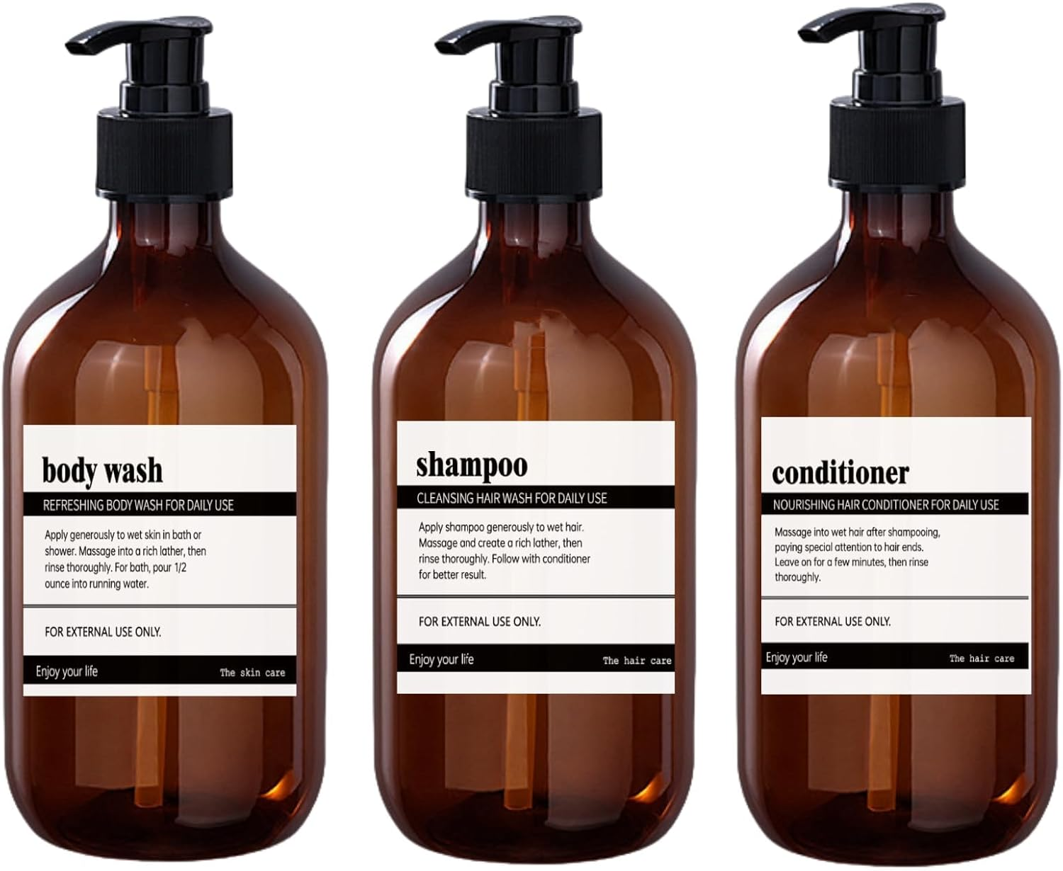Refillable Shampoo and Conditioner Bottles, 17Oz Shampoo and Conditioner Dispenser Soap Dispenser Shampoo Dispenser Lotion Dispenser with 8 Waterproof Labels for Bathroom Hotel - Amber, 3Pcs image number 1