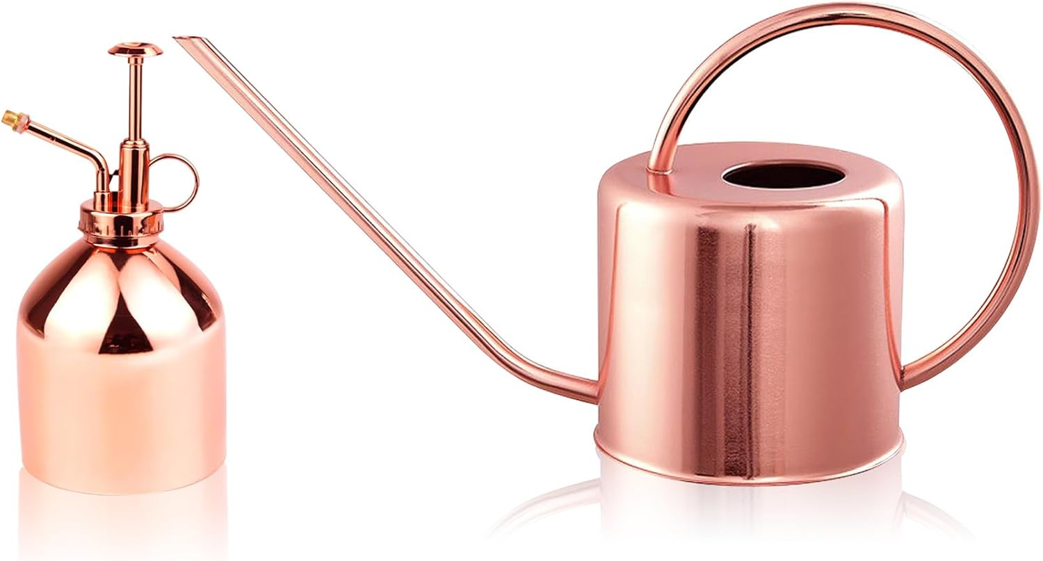 Indoor Watering Can Set - Bonus Mister Spray and Houseplants Book - 16 Oz Gold Long Spout Watering Can Set for Indoor Plants - Small Vintage Watering Can for Outdoor Plants - Modern Watering Can