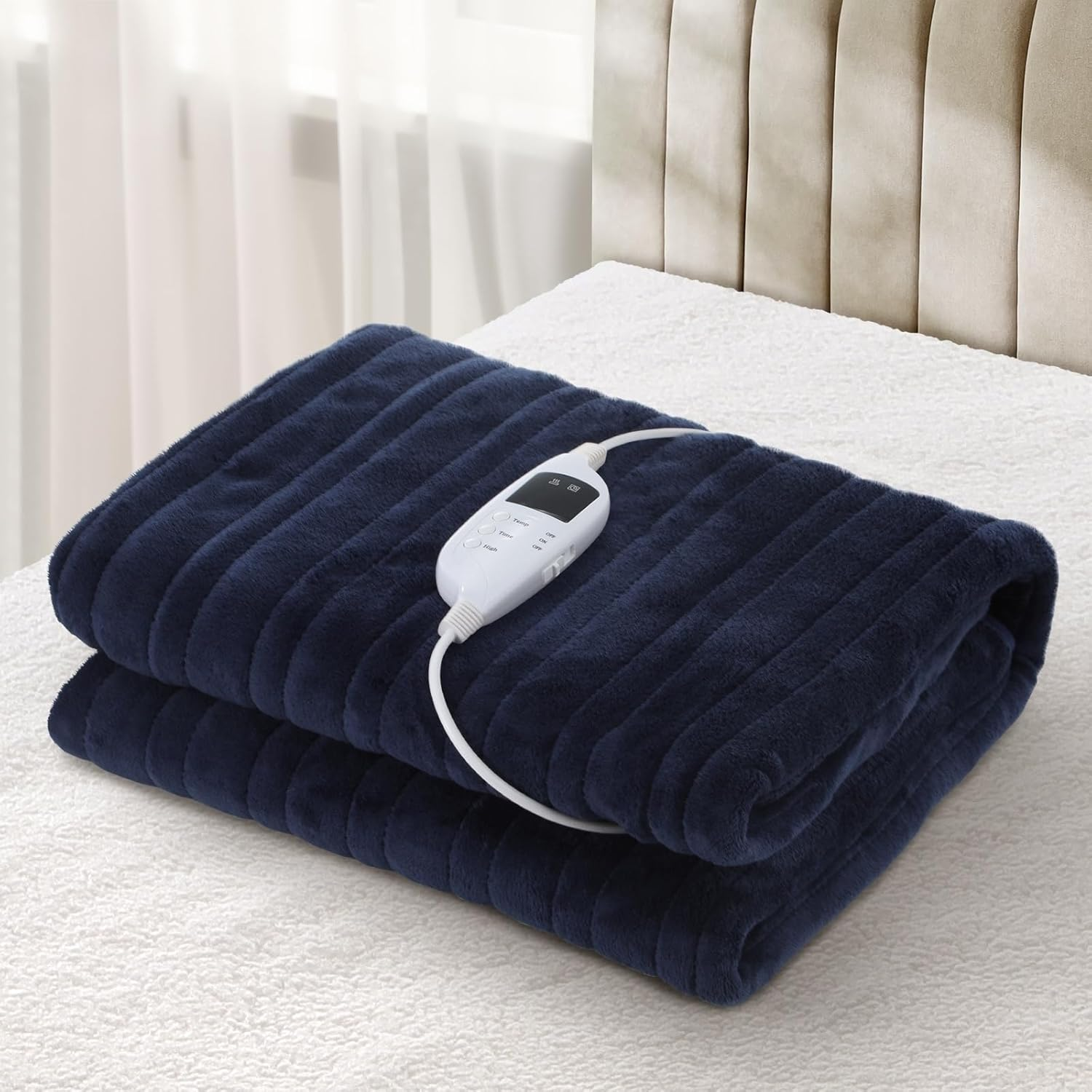 Electric Throw Rug with Flannel Fabric 9-Hour Timer Snuggle Blanket Overheat Protection Adjustable 9 Heat Washable Single Controler Navy Blue