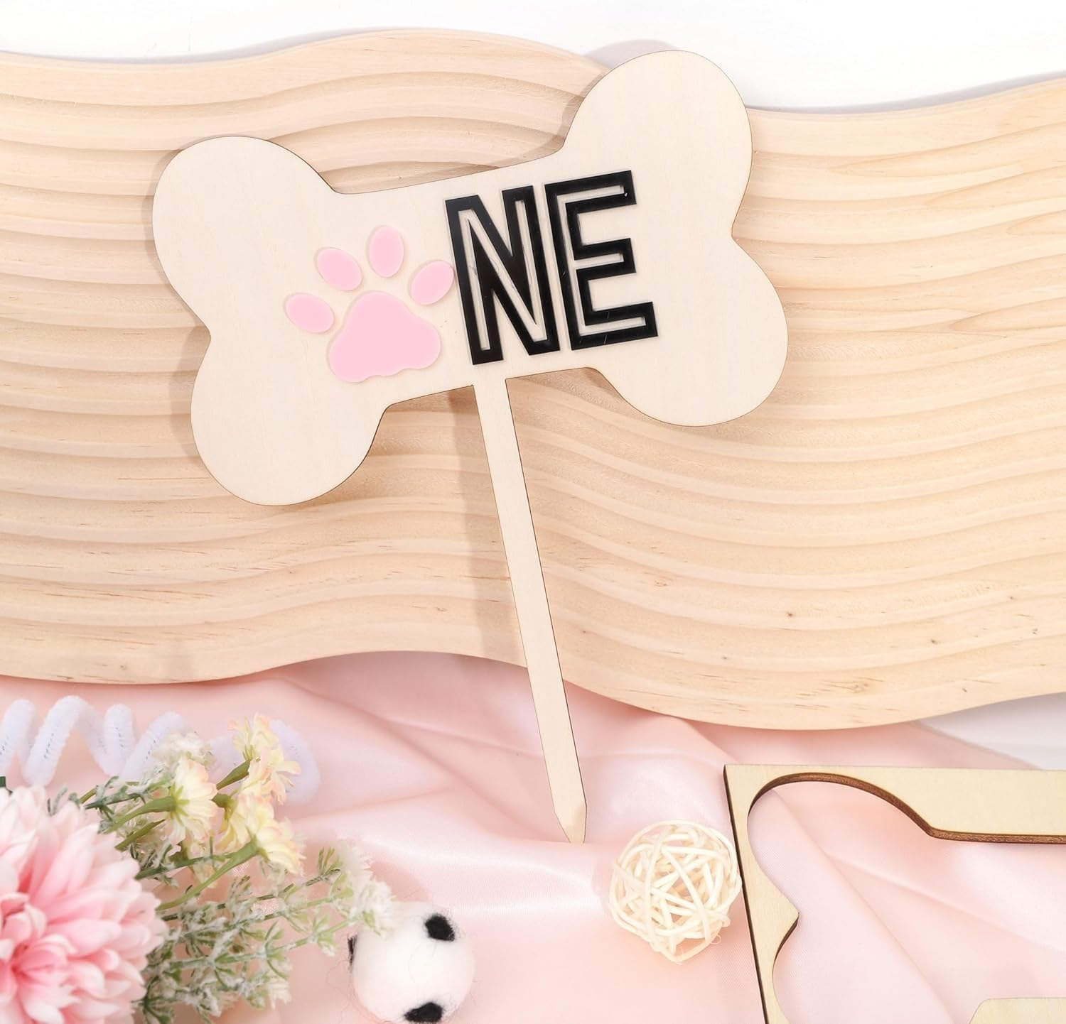 ONE Dog Bone Wooden Cake Topper &ndash; Pink Paw First Birthday Decoration &ndash; Rustic Cake Sign for Baby or Pet-Themed Party &ndash; 7 Inch image number 5