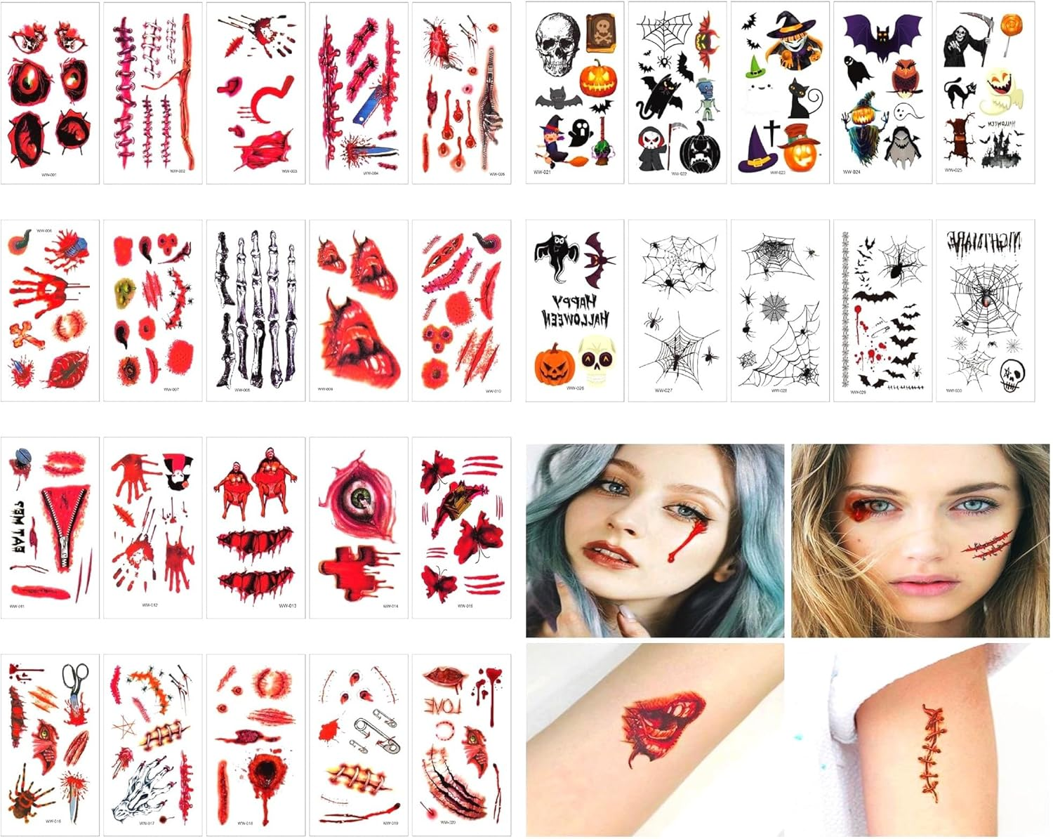 30 Sheets Halloween Tattoo Sticker Waterproof - Temporary Tattoos - Bats Cuts Blood Splatter Stitches Spiders Webs Witches - Halloween Sticker Pack for Adults Kids - Steadyink&reg;