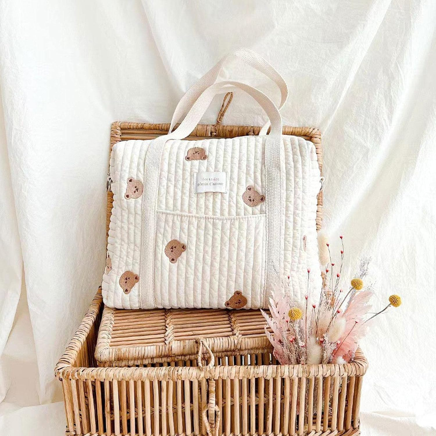 Diaper Tote, Soft Cotton Embroidery Caddies Cart Toy Organization, Cute Cartoon Pattern Outdoor Travel Organizer Diapers, Large Capacity Baby Organizers Pack, Diaper Caddy Bag for Diapers Wipes image number 5