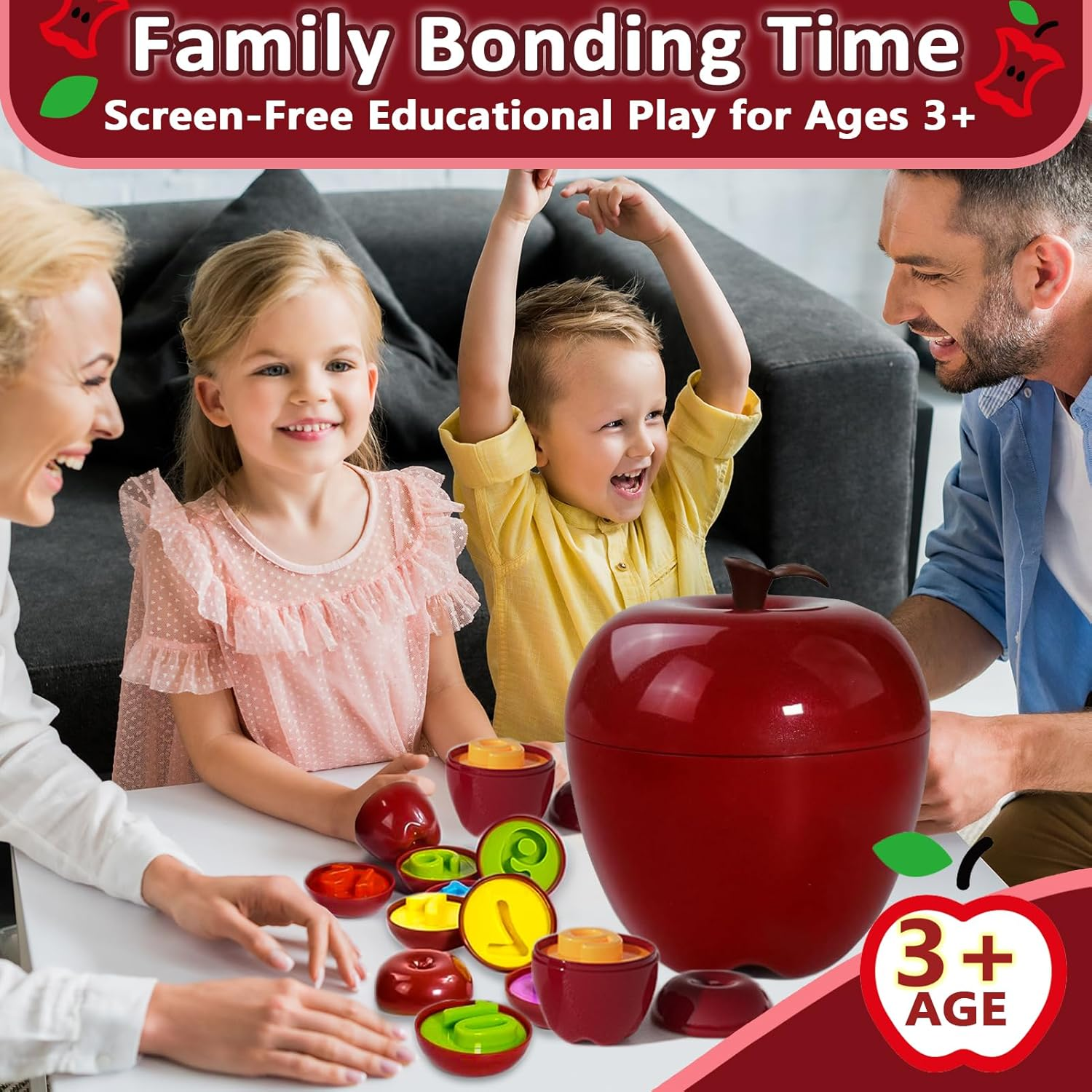 Caunedy 24PCS Apple Shape Sorting & Matching Toys, Color & Shape Recognition Games for Toddlers 3+ Years, Sensory Educational Kit with Apple-Shaped Storage Basket, STEM Toy for Kids image number 2