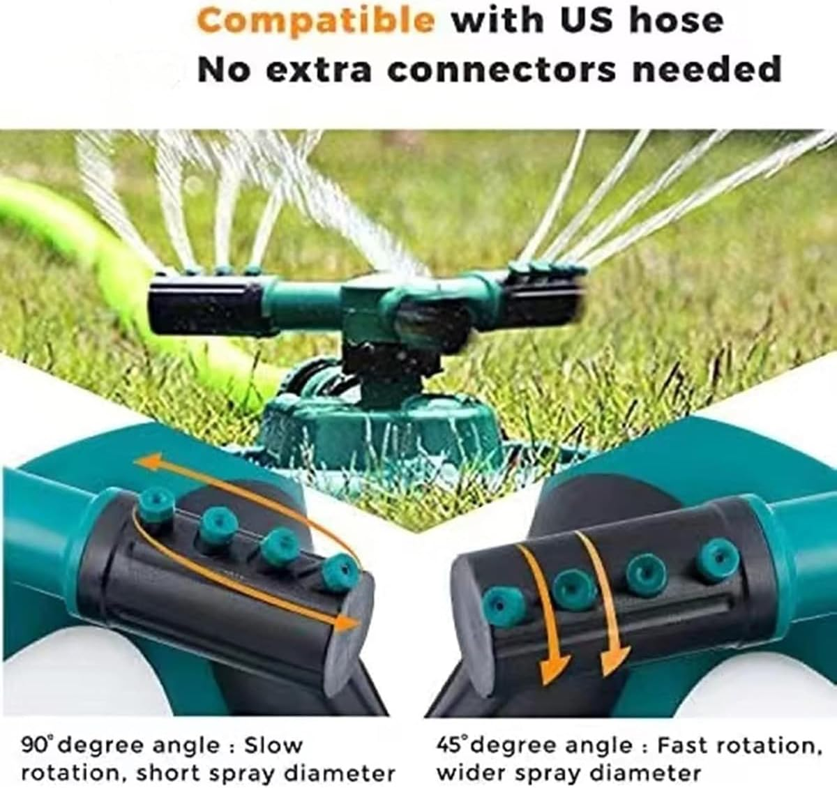 AIMALL 360 Degree Rotating Garden Sprinkler with 3-Arm Nozzle Adjustable Angle Water Cooling Lawn Irrigation System Includes 4-Way Hose Connectors 9.83X8.19X3.93In image number 4