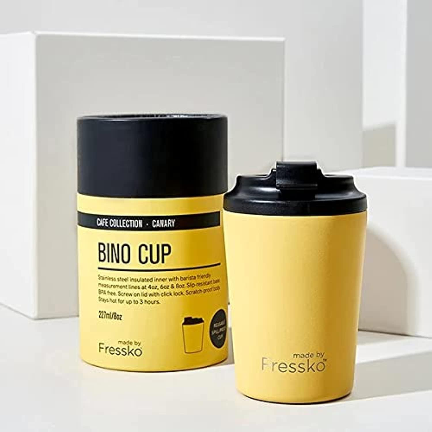 Made by Fressko Reusable Coffee Cup - Stainless Steel Insulated Mug - Leak Proof Travel Cup for Hot/Cold Drinks - 3 Hr Heat Retention - Fits Car Holders & Coffee Machines - Canary - 8Oz 227Ml image number 2