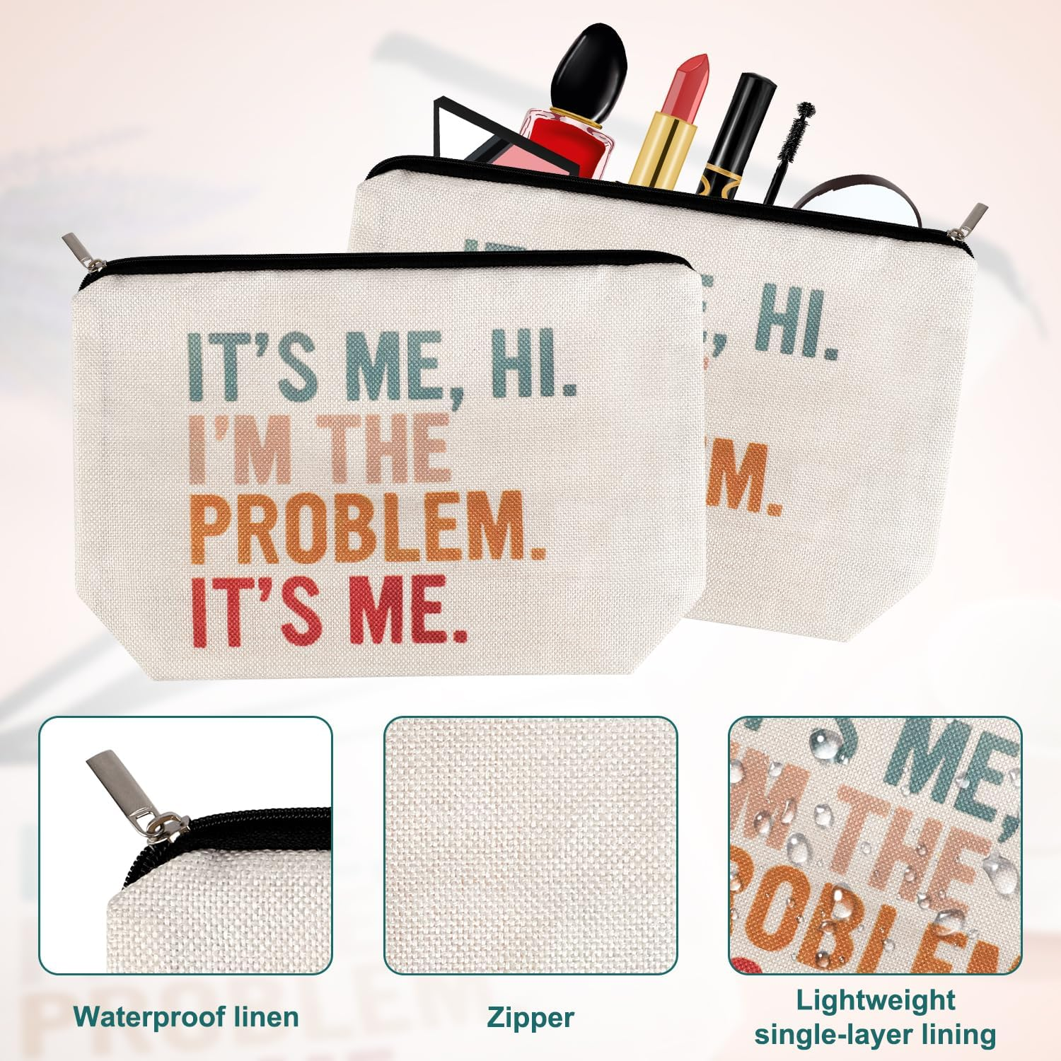 NQEUEPN It'S Me Hi I'M the Problem It'S Me Makeup Bag, 10.43X7.09 Inch Humor Cosmetic Bags with Zipper Beach Travel Pouch Funny Sarcastic Cosmetic Bag Goodie Bags for Women Bestie Gift, White, M image number 1