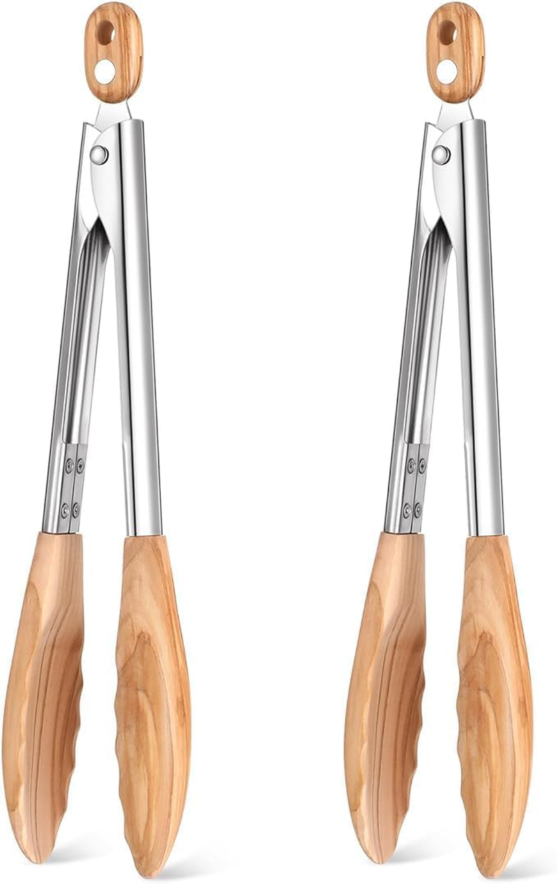 Cooking Tongs (2) Wooden Kitchen Tongs Long Handle with Non-Slip Grip,Wooden Utensil Set for Serving Salad Desserts Flipping Burgers Grilling Etc image number 3