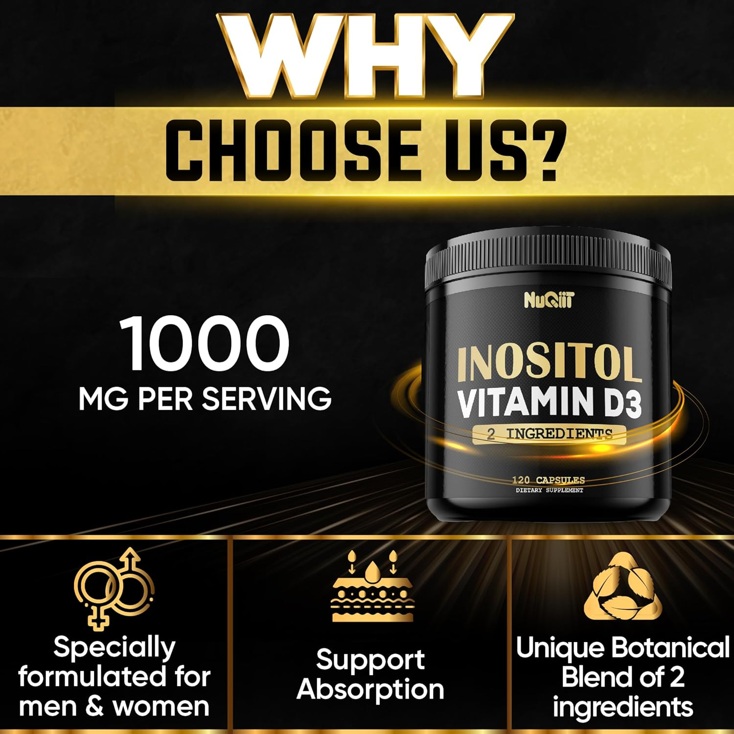 Inositol Supplement 1000Mg with Vitamin D3 5000 IU 625% -120 Capsules for 2-Month Supply image number 6