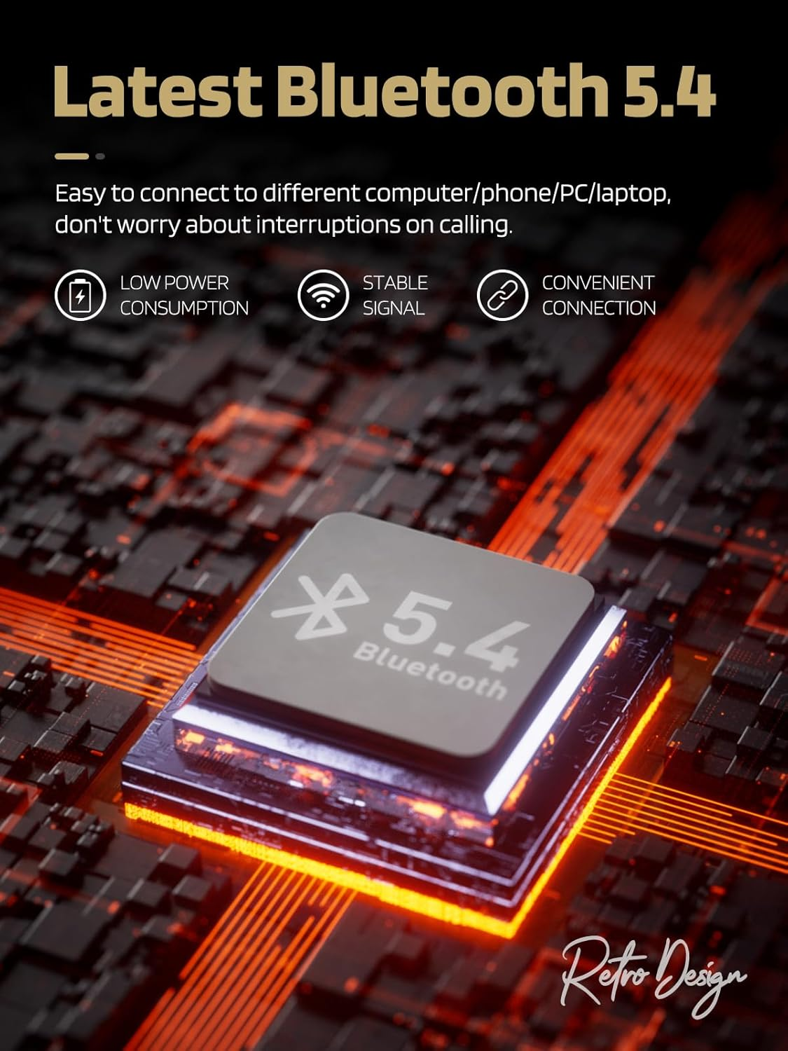 Ikf R1 Wireless On-Ear Headphones Bluetooth 5.4 Lightweight Retro Headphones 60H Playtime, Multipoint Connectivity, APP Volume Control, Built-In Microphone, for School, Travel, Commuting (Black Gold) - Black Gold image number 4