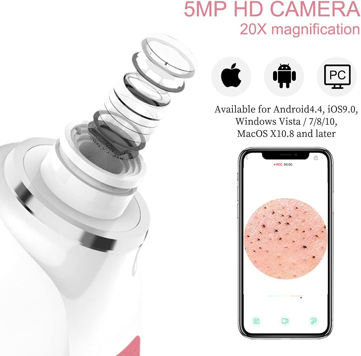 Blackhead Vacuum, Asperx 5.0 Megapixels Visible Blackhead Remover Facial Pore Vacuum, 20X Microscope Blackhead Suction Tool, Rechargeable Suction Facial Pore Cleaner with 6 Replaceable Tips(Upgraded) image number 5