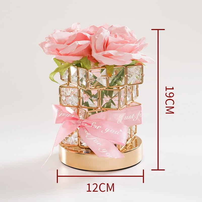 Crystal Table Lamp, Rechargeable Cordless Rose Light 3 Colors Dimmable Flower Lamp, Romantic LED Rose Diamond Lamp for Bedroom Pink Room Decor, for Valentine Birthday Christmas Thanksgiving (Pink)